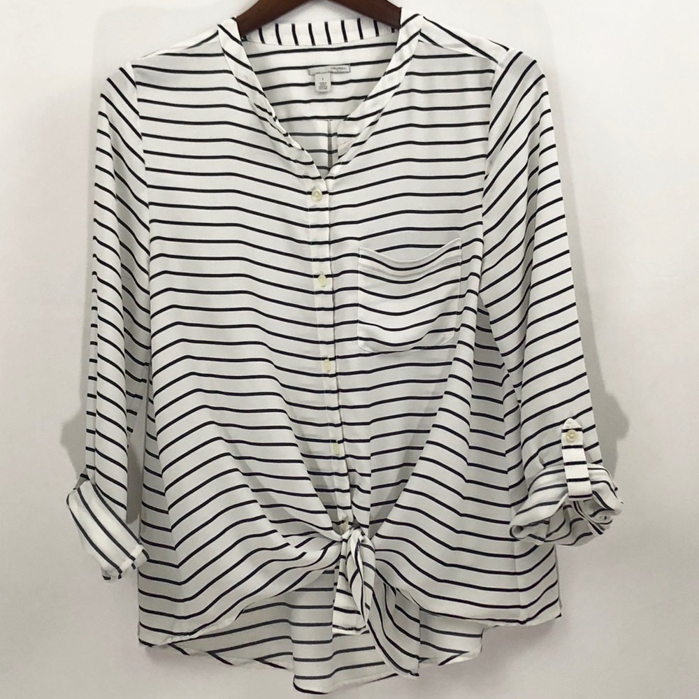 Halogen Black/White Striped Tie Front Top